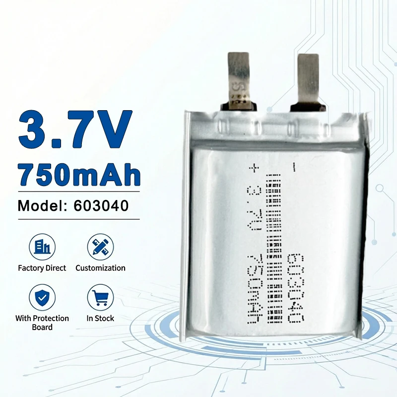 

Аккумулятор LiPo 603040 3.7V 750mAh с многоуровневой защитой для аварийного освещения и портативных медицинских устройств (аналоги 603450, 682030)