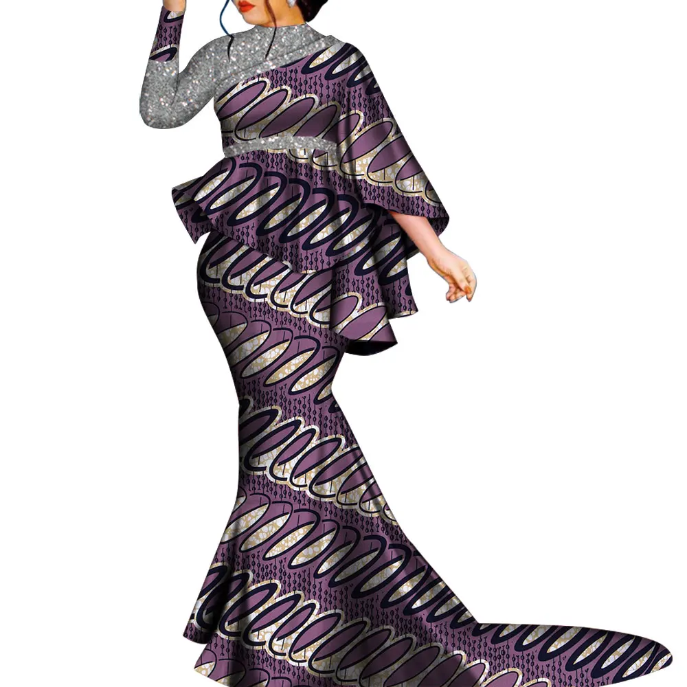 African Clothes for Women Bazin Riche Floral Printed 2 Piece Sets Irregular Bat Sleeve Top and Long Skirts Lady\'s Party Outfits