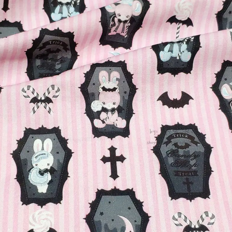 BD135 - BTY 1 Yard Cotton Woven Fabric - Retro Cartoon Animals, Vintage Bear and Rabbit, Gothic Style, Pink Striped Background