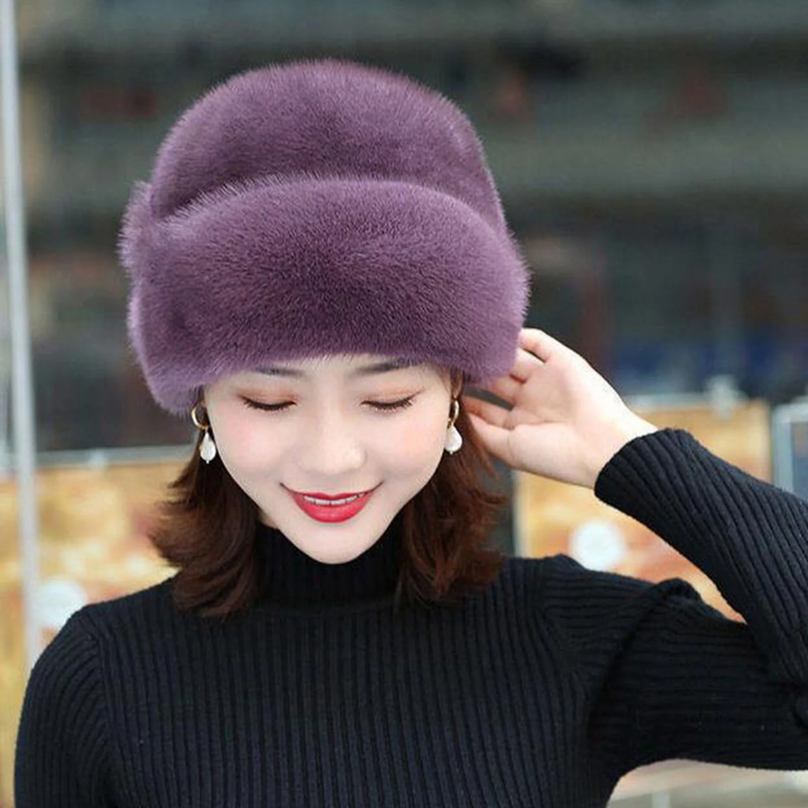 1Pc Women Hat Exquisite Weaving Technology Beanie Elastic Women Balaclava Plush Imitation Mink Velvet Winter Hat for Large Heads