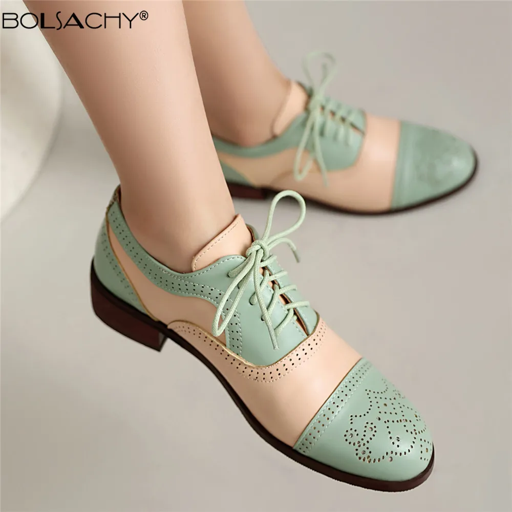 Spring Autumn Women Oxford Shoes Round Toe Black Green Black Lady Lace Up Brogues Loafers Casual Shoes for Women Leather Shoes