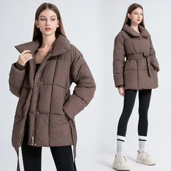 Fahion Belt Lace-up Down Jacket Winter Lapel Zipper Warmth Windproof Warm Coats for Women's Fluffy Thick Parkas Hooded Clothing