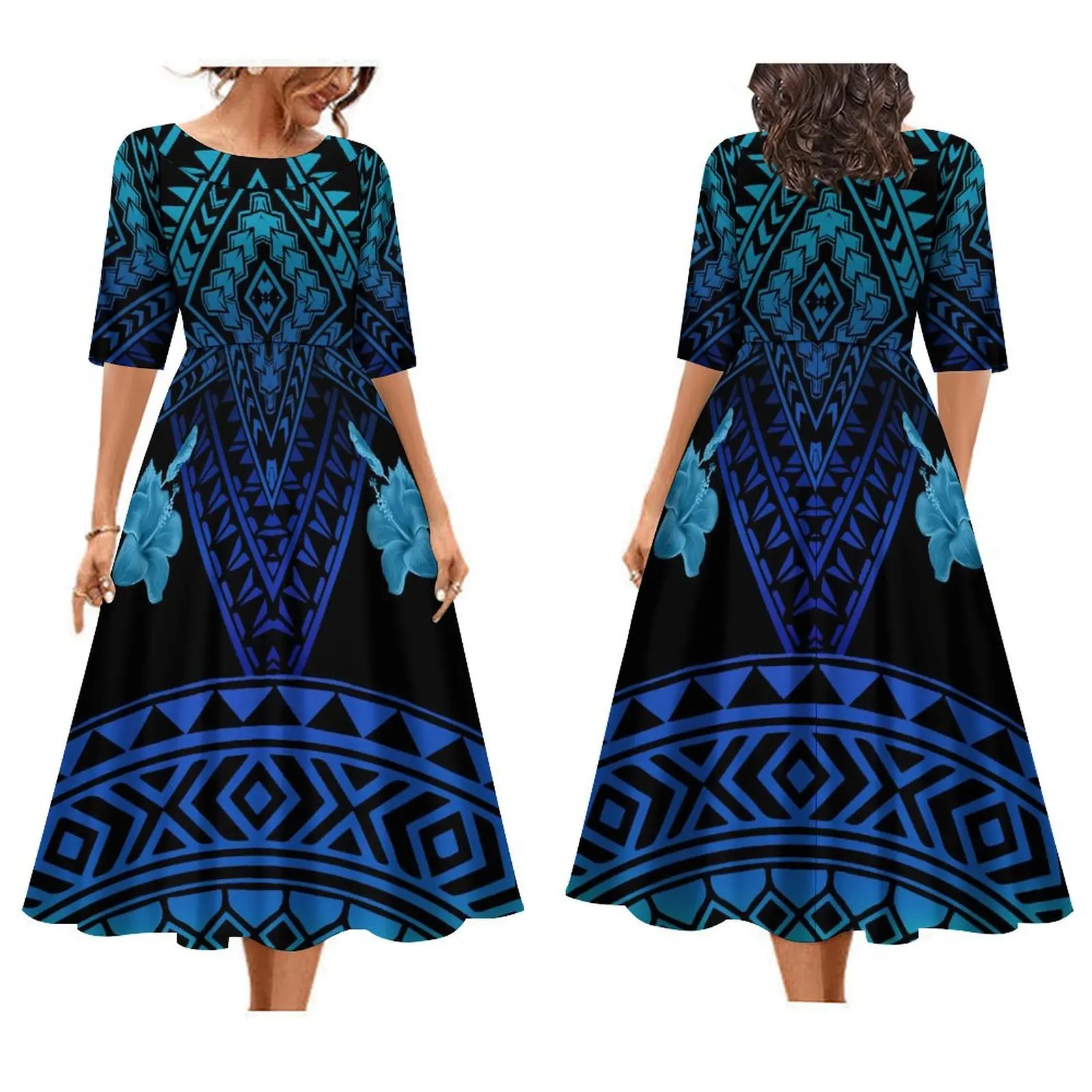 Polynesian Islands Design Samoan Vintage Evening Gown Women'S Crew Neck Loose Dress Hawaiian Floral Print Party Dress