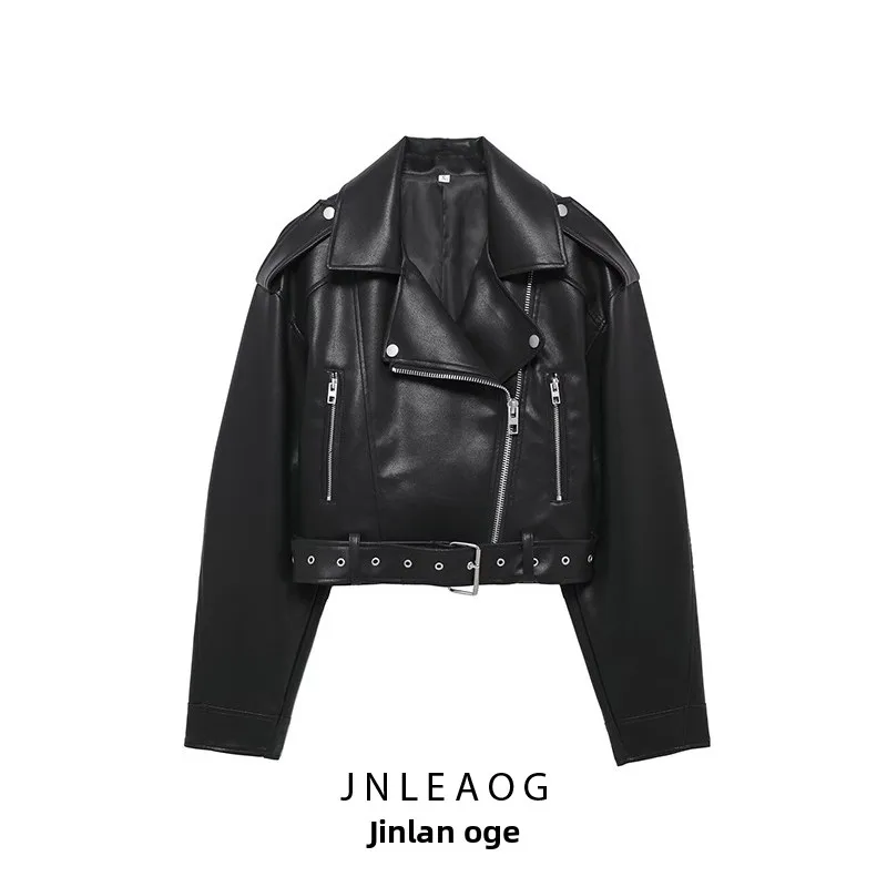 

JNLEAOG, осеннее новое женское байкерское пальто из искусственной кожи с поясом, байкерское пальто из искусственной кожи, уличное длинное свековое полиэфирное волокно