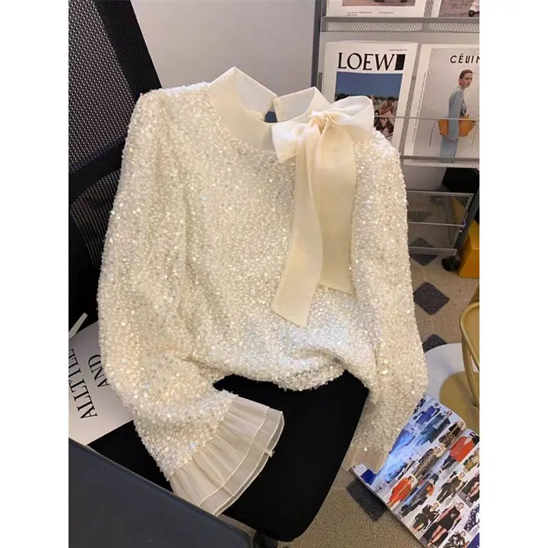 Celebrity sequined bow shirt women's 2025 autumn new Korean chic horn long-sleeved bottoming top
