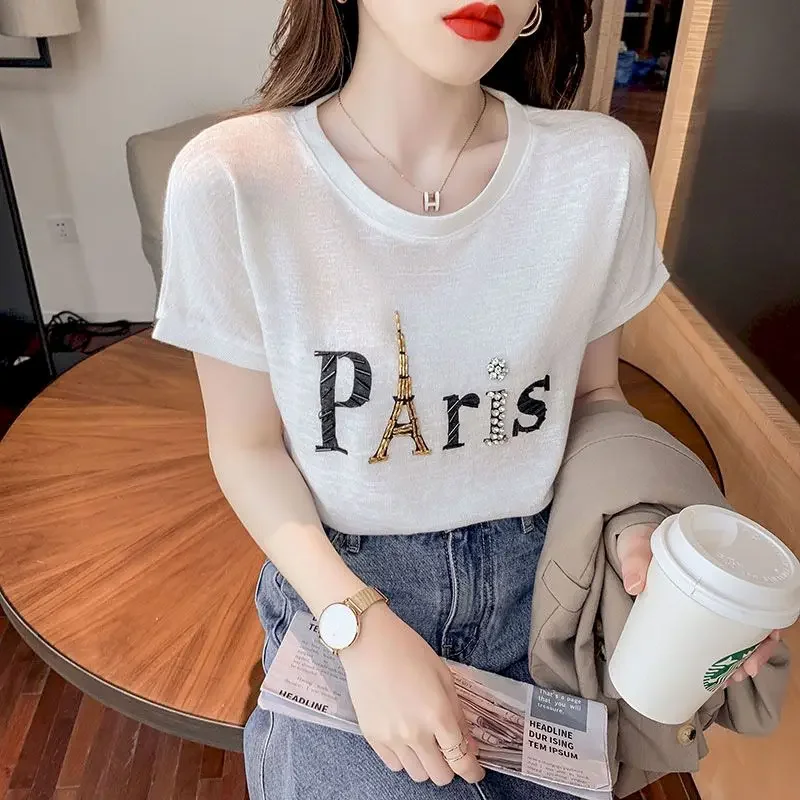 2025 Summer New Ice Silk T-shirt Women's Short Sleeve T-shirt Heavy Industry Beaded Korean T Shirt Loose Womens Half-sleeved Top