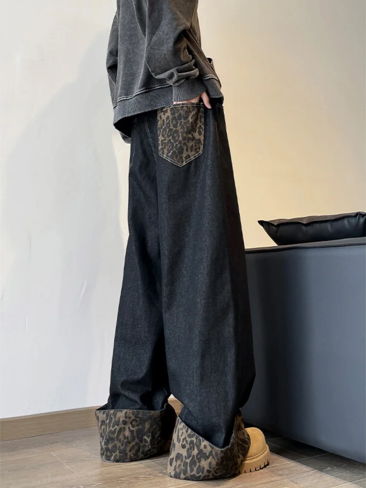 

American High Street Leopard Print Cuffed Denim Pants Men's Spring Autumn Loose Wide Leg Jeans Straight Tube Long Trousers