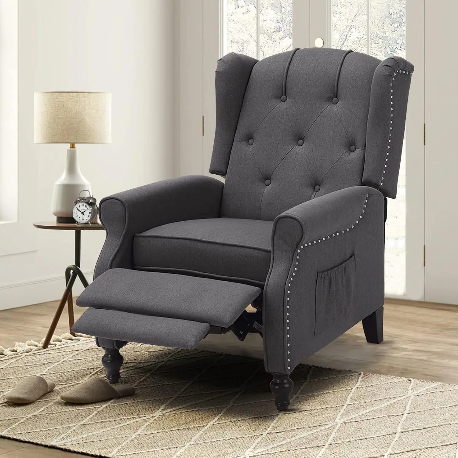Tufted Wingback Recliner - Massage & Heat Function - Fabric Push Back Recliner with Remote Control, Adjustable Backrest (Grey)