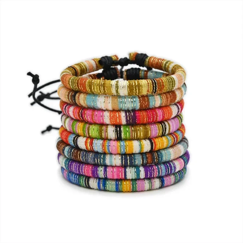 مجموعة أساور منسوجة بوهيمية مكونة من 8 قطع، سوار ركوب الأمواج من القماش الملون المختلط للرجال والنساء
