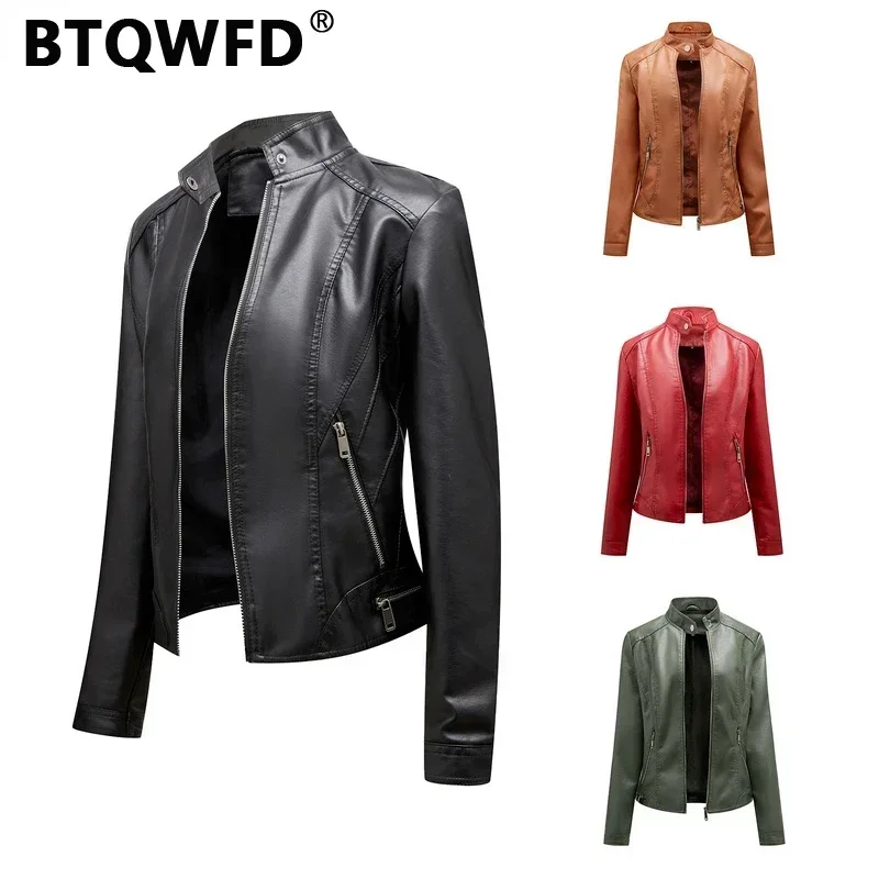 BTQWFD Jackets Women\'s PU Faux Leather Coats Winter Stand Collar Zipper Female Clothing 2024 New Autumn Long Sleeve Motor Biker