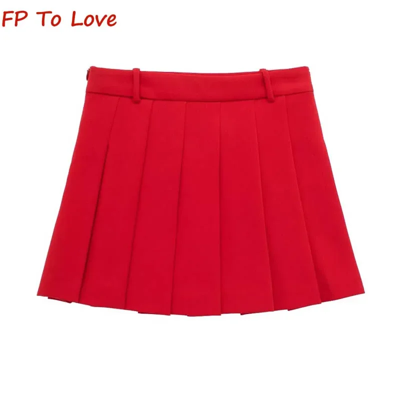 Y2K High Waisted Wide Pleated Skirt PB&ZA Woman Red Pleated A-Line Halter 2135039