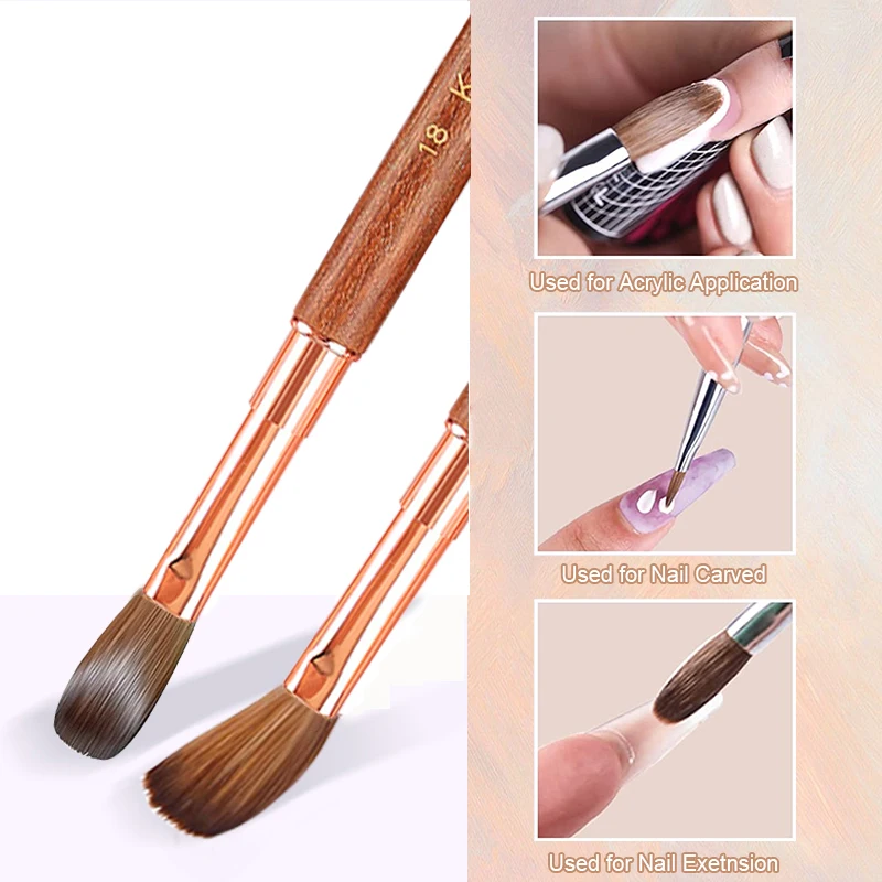 99.99 Kolinsky Acrylic Nail Brush with Rose Gold Sandalwood Crimped Handle for Acrylic Powder 3D Nail Salon Size 2-18