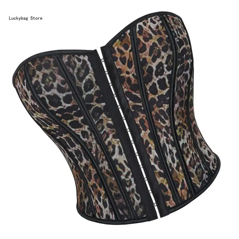 Ladies Gathered Chest Leopard Corset Top Strapless Lace Up Body Shaper Bustier