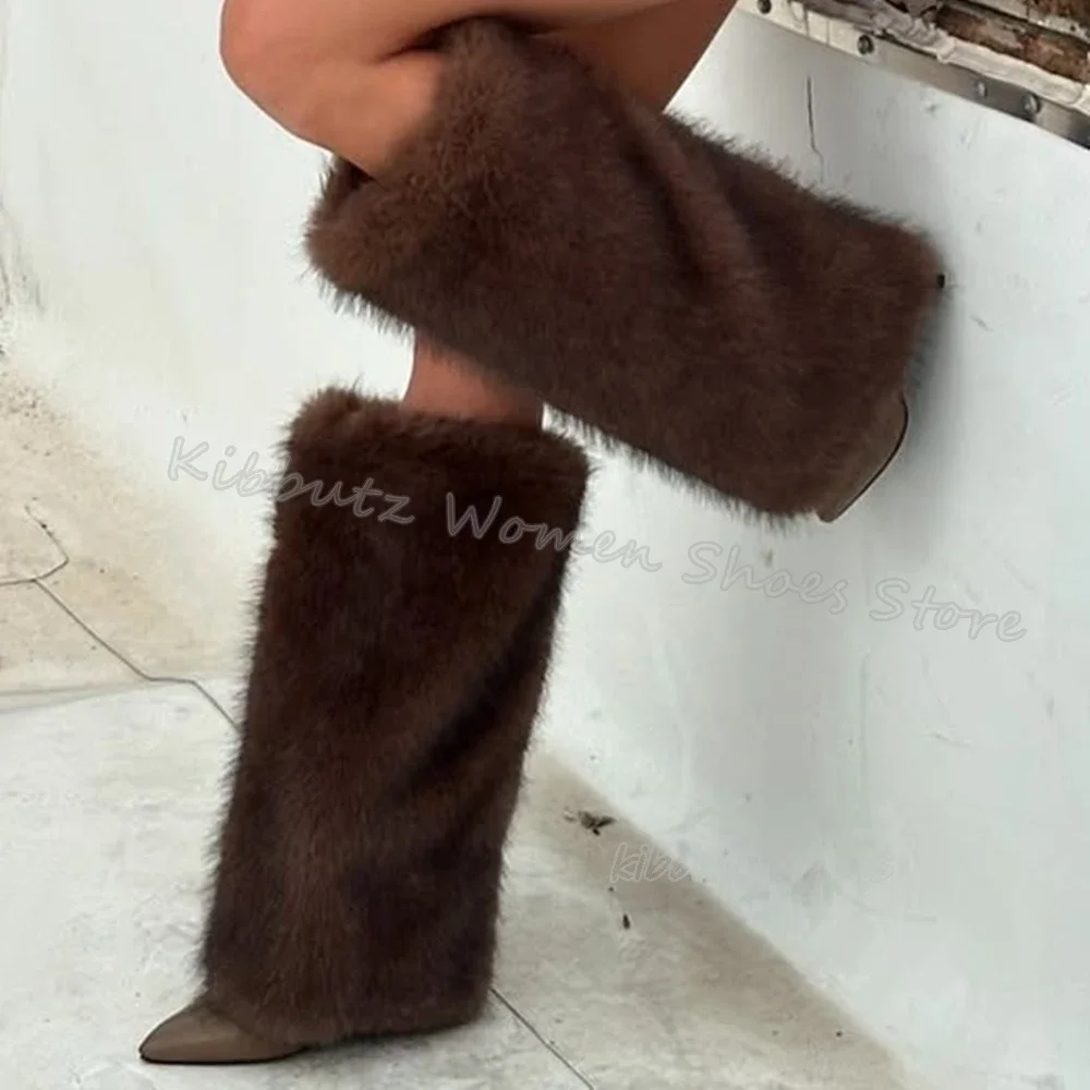 Furry Knee High Boots Winter Warm Fashion Concise Sexy Women Shoes Newest Slip-On Pointy Thin Heels Genuine Leather Solid Color