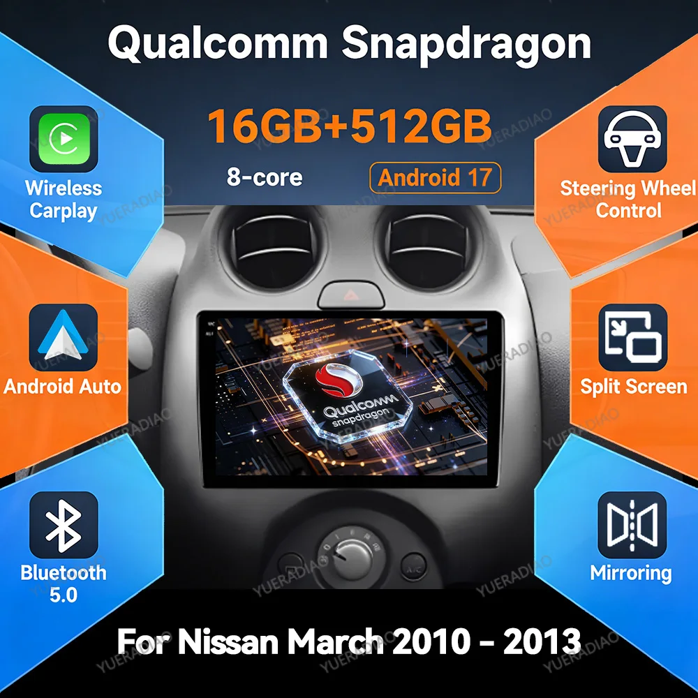 Radio para Auto Android 17 para Nissan March MICRA 2010-2013, BT Qualcomm 2DIN, 4G LTE, 5G WIFI, Reproductor Multimedia de Video, Unidad Principal QLED