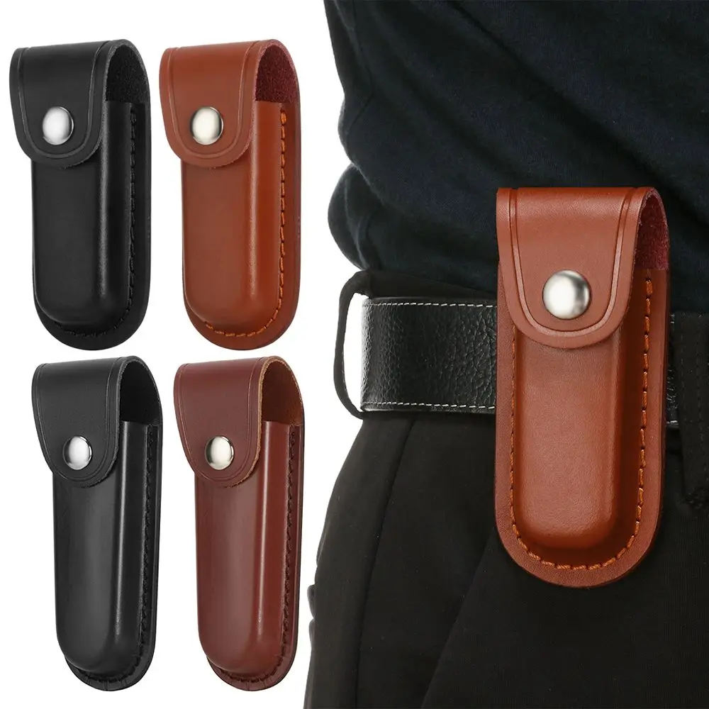 Brown Leather Sheath Holder Pocket Hunt Belt Loop Case Flashlight Case Fold Knife Tool Camp Outdoor Carry