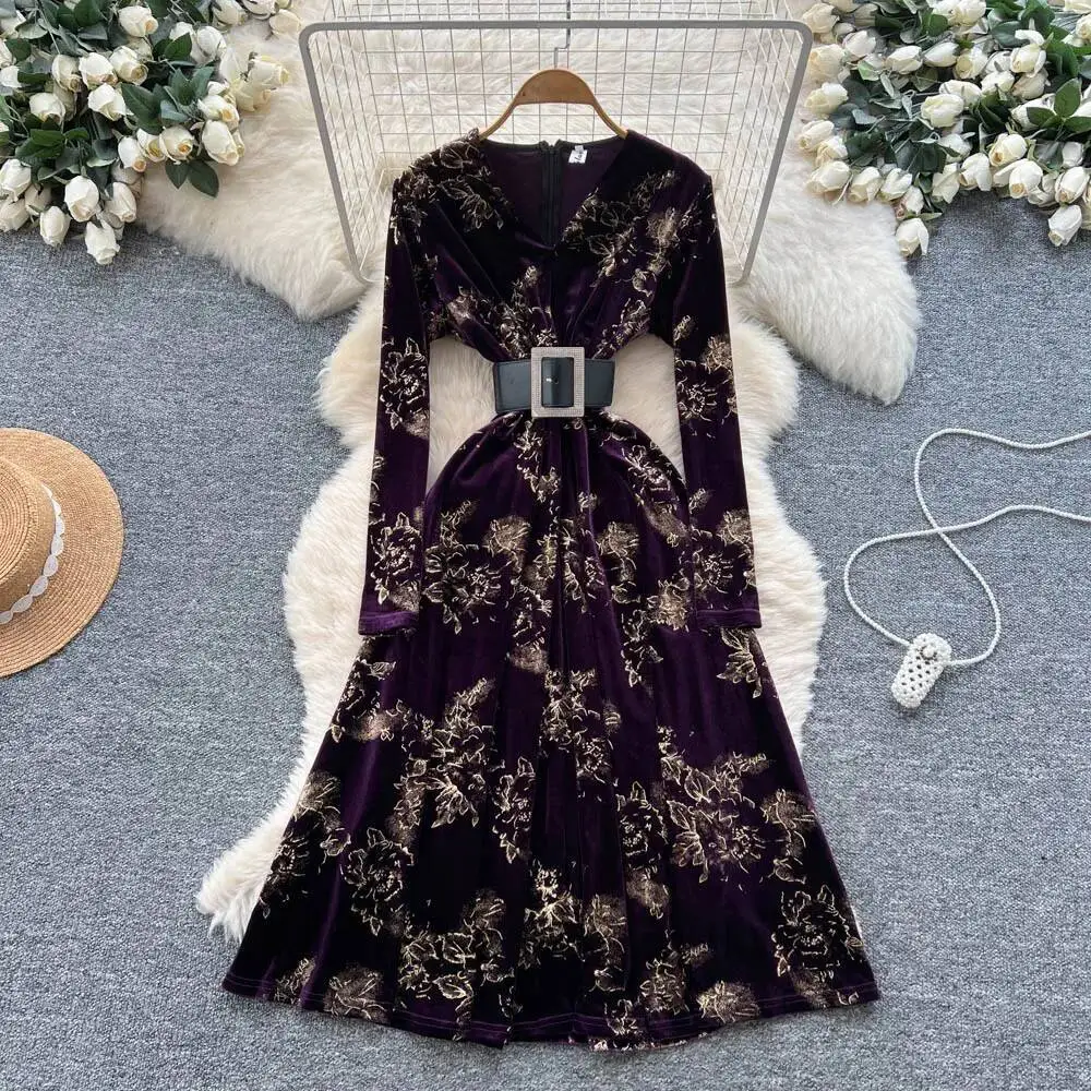 Elegant long sleeve velour print A-line dress korean fashion ceremony dresses women clothing