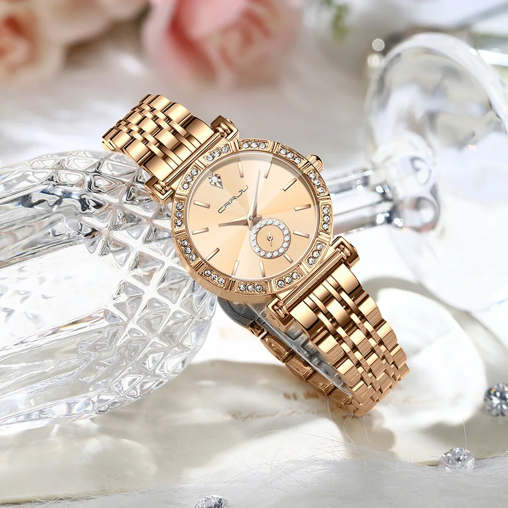 CRRJU Luxury Wristwatches for Women Stainless Steel Bracelet Rhinestones Bling Dail Elegant Ladies Watch Gift