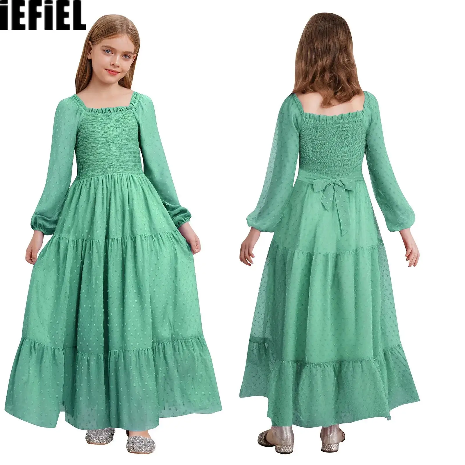 

Kids Girls Chiffon Belted Dress Tiered Hem Ruffled Square Collar Long Sleeve Smocked Dresses for Beach Vacation Birthday Party