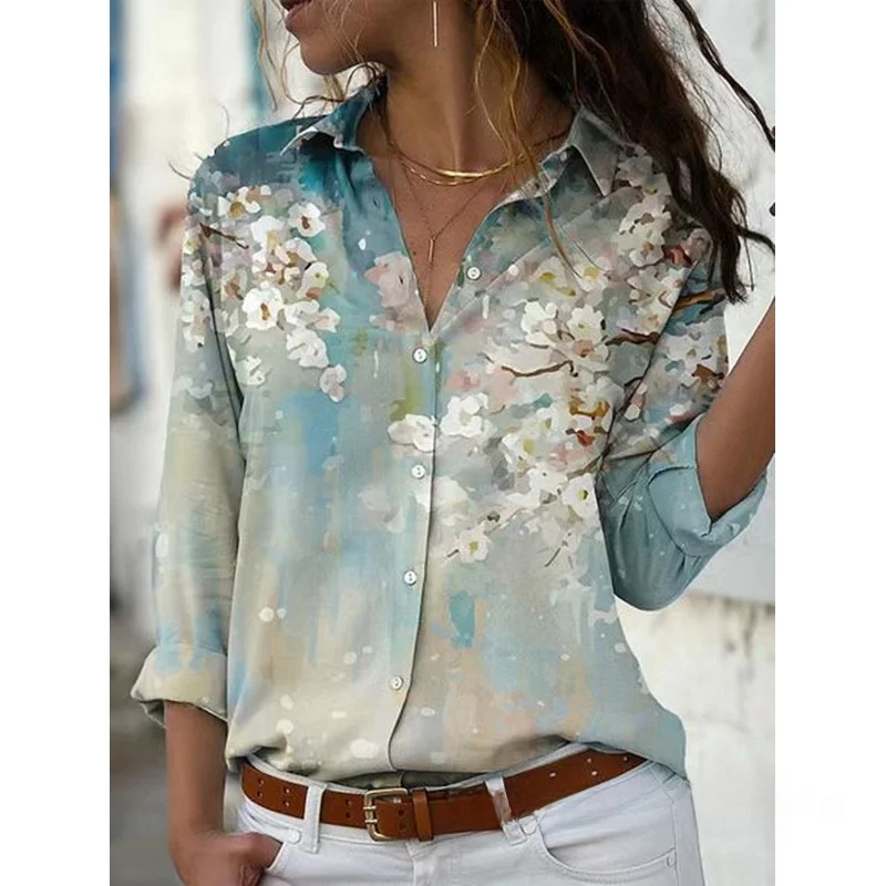 Women's Instant irt with Wi Print Long Sve Polyester Commute Sle Faionable Ladies' irt Spring Season Apparel