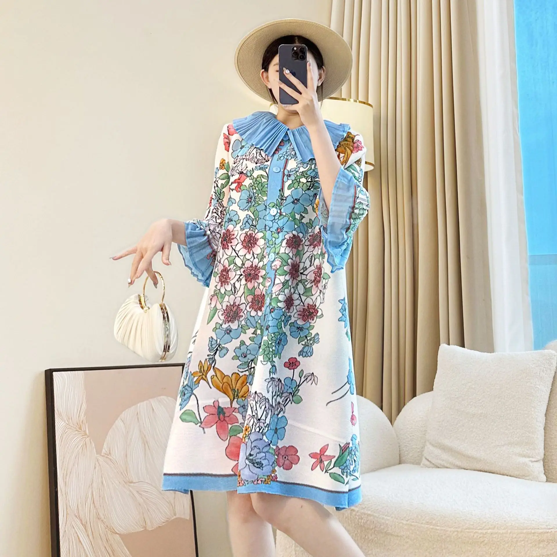 Miyake Blue Laple Printing Abito plissettato da donna monopetto manica svasata elastico allentato chic nuovo abbigliamento femminile