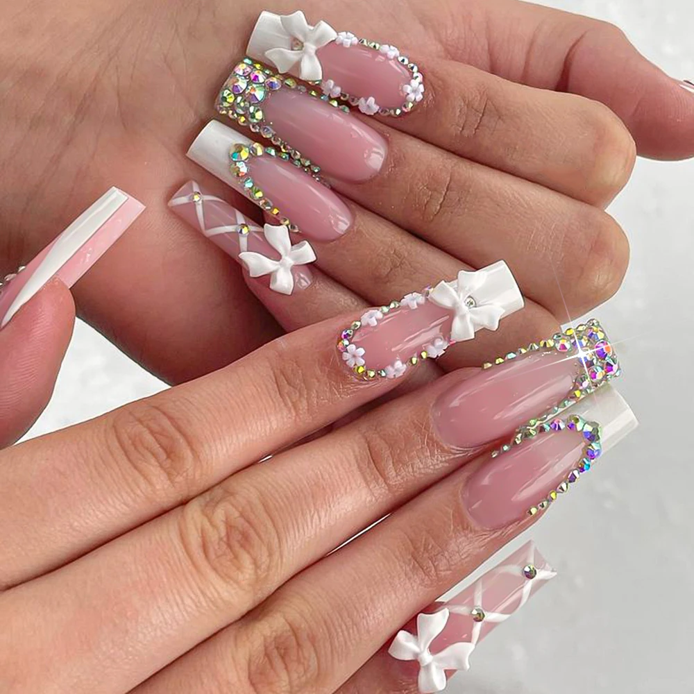24 Stücke Retro Blume Lange Sarg Französisch Künstliche Nägel Kaviar Perle Floral Gold Hohl Design Drücken Sie Auf Nagelspitzen Y2k Acryl Falsche Nagel