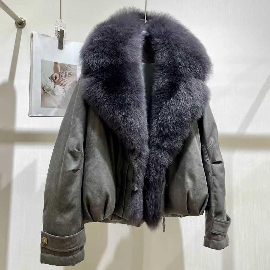 Jaket Puffer Berbahan Bulu Asli Jaket Musim Dingin Untuk Wanita Jaket Bomber Mode Baru Mantel Pendek Berbulu Rubah Dengan Ritsleting