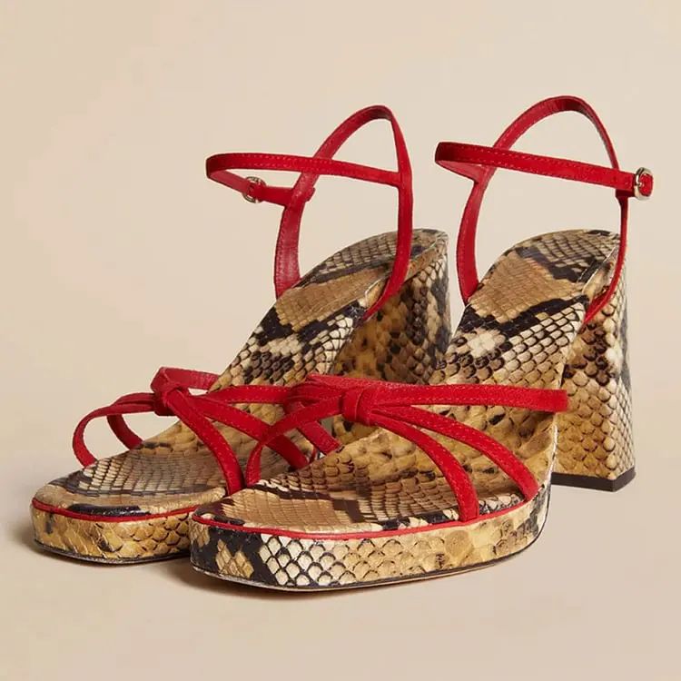 

Red & Brown Python Embossed Square Toe Ankle Strap Heeled Sandals