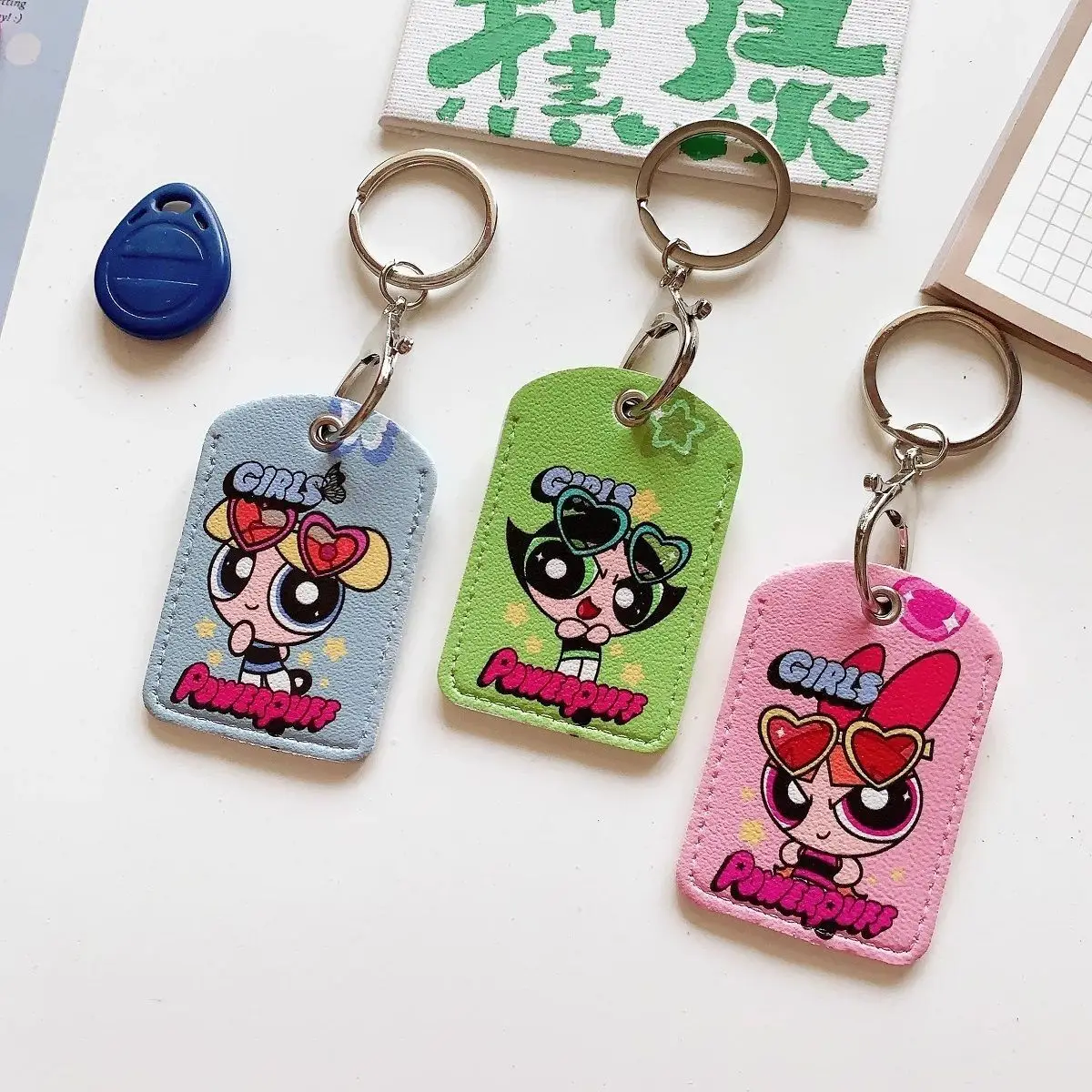 The Powerpuff PU Card Holder Keychain ID Badge Card Protector Bus Card Access Control Card Key Ring Kawaii Card Case Key  Gift