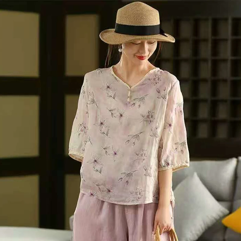 

100% льняные женские повседневные футболки, новинка 2026 года, летние, в винтажном стиле, с цветочной вышивкой, женские топы с коротким рукавом, M2371