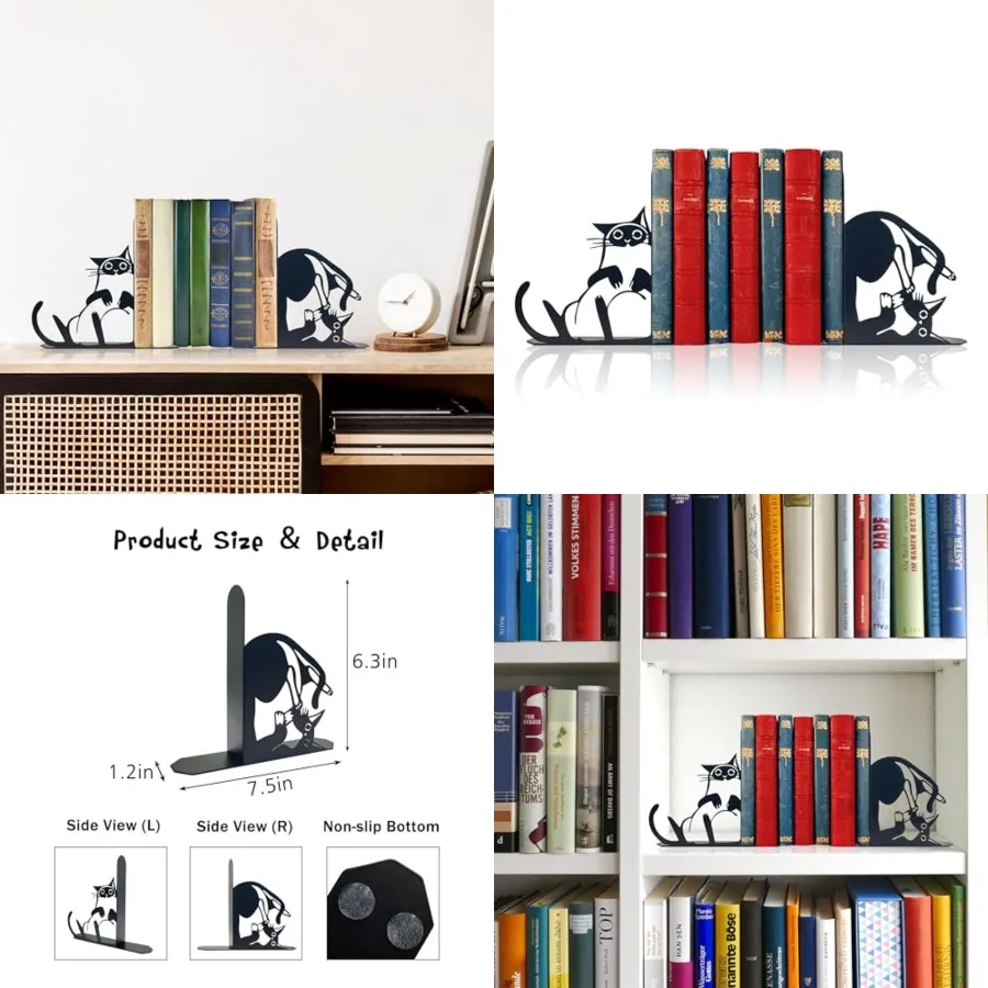 

Очаровательные металлические подставки для книг в форме кошки для книжных полок и столов для домашнего офиса. Стильные декоративные предметы с милым дизайном Feline.