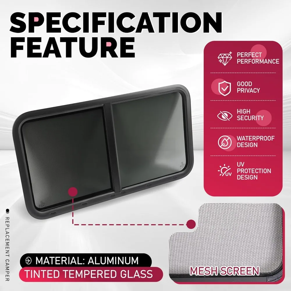 نافذة RV من الزجاج المقوى المنزلق الأفقي مع حواف مطلية بالمسحوق الأسود وشاشة شبكية، مجموعة من 2