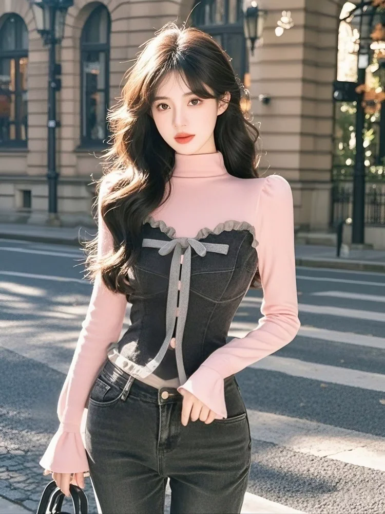 

Y2k Fashion Sweet Crop Tops Turtleneck Flare Sleeve Fake Two Piece Bow Contrast Color T Shirts Female Slim 2025 Women's Clothing