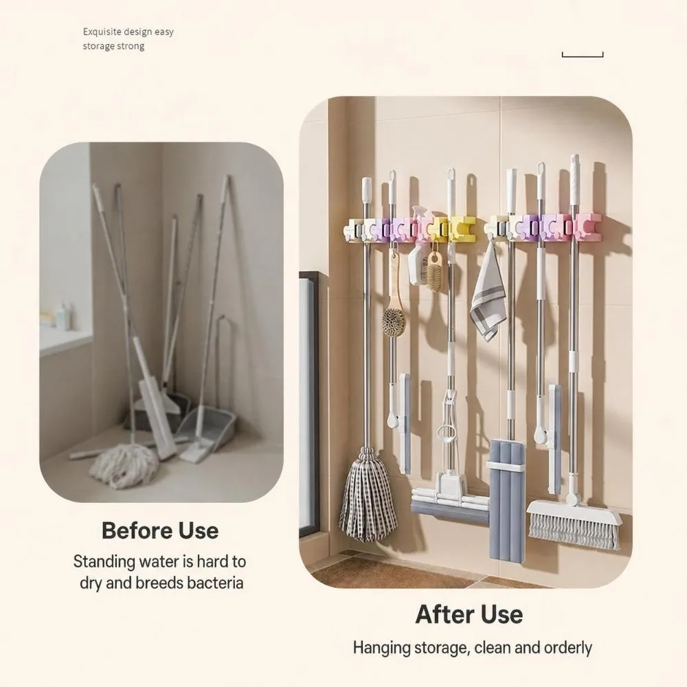 Portable Macaron Mop Holder Puzzle Splicing Self‑Adhesive Mop Clip with Hooks Wall‑Mount Broom Storage Clip for Kitchen Bathroom
