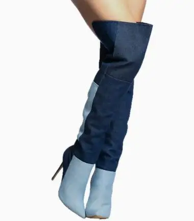 Blue Two‑Tone Denim Over The Knee Boots Women Color Block Spliced Pointed Toe Thin Heels Turn‑Down Cuff Fashion Party Long Boots view 5