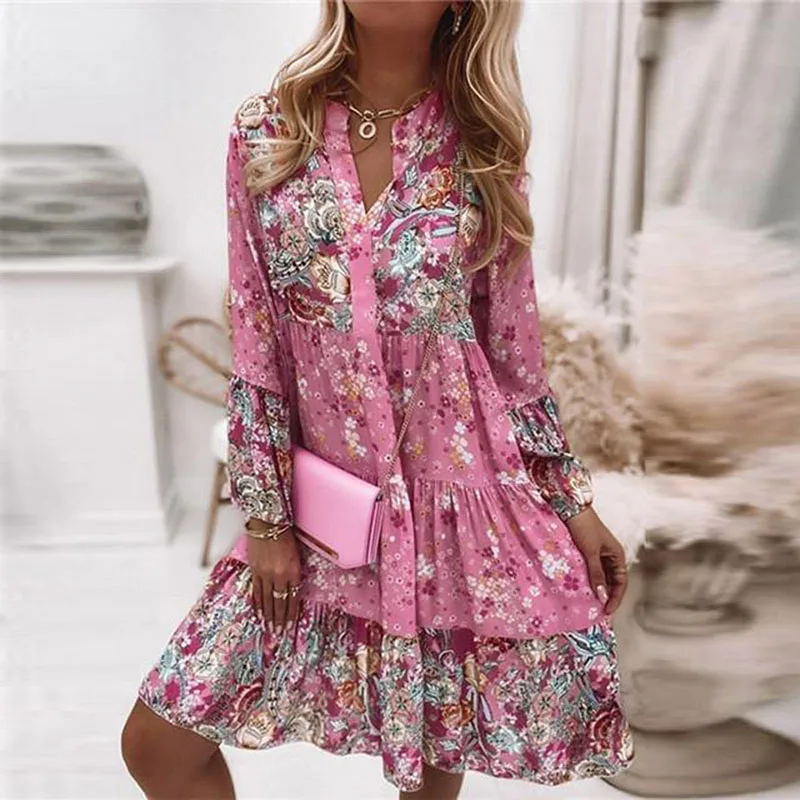 Elegant Retro Floral Print Flare Sleeve Mini Dress Women Spring Summer Ruffle Loose Women Party Dress Casual V Neck Beach Dress