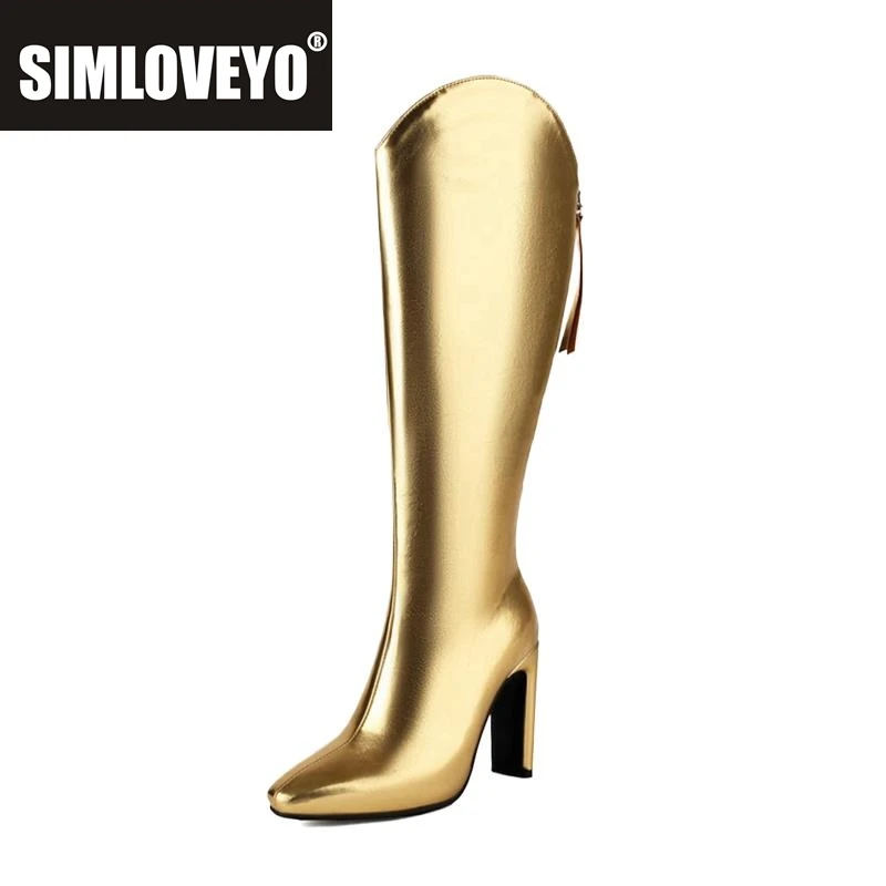 

SIMLOVEYO 10cm Heel Fashion Knee Boots Wide Leg Autumn Antislip Shoes Big Size 46 47 48 US17 White