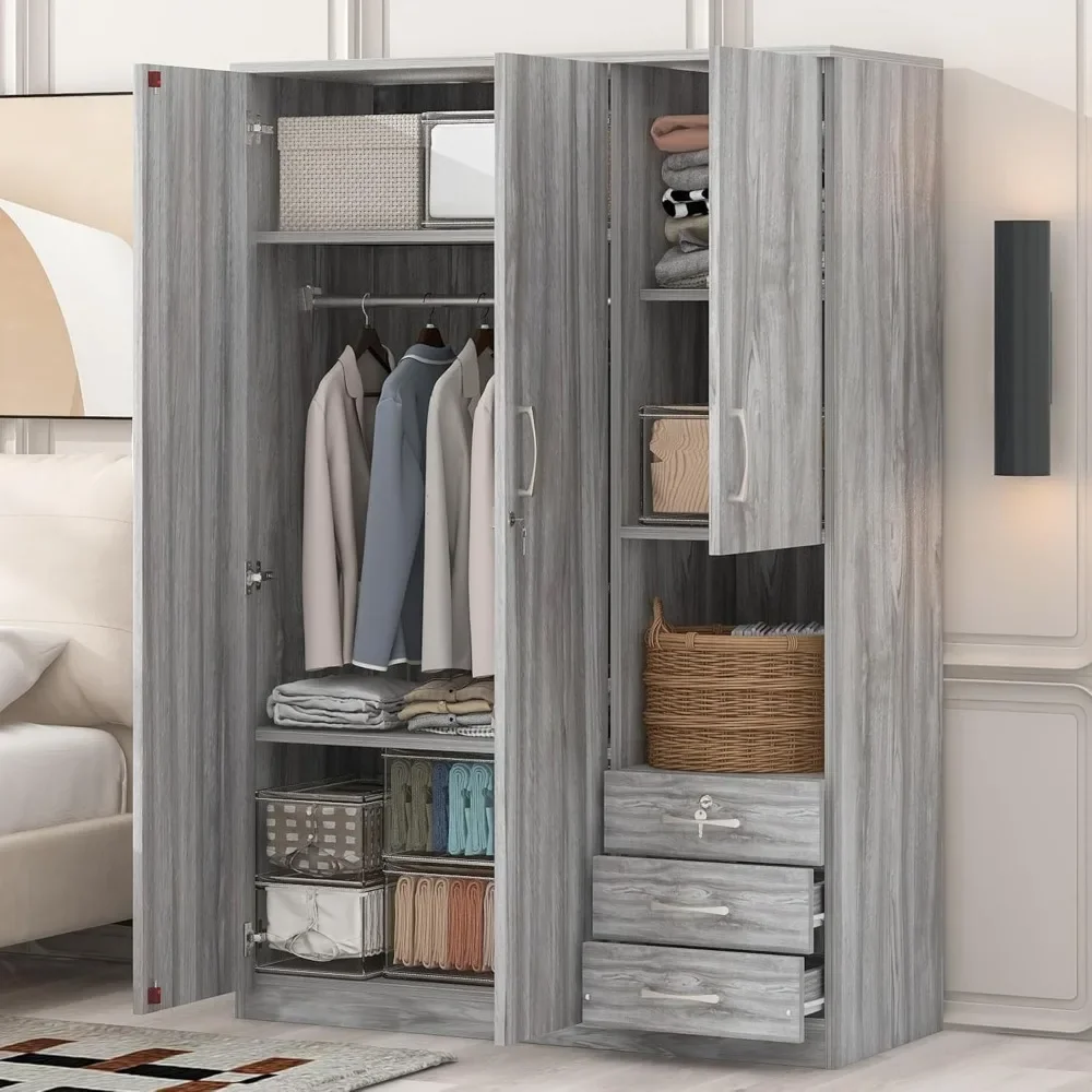 2-Doors Wooden Wardrobe Storage, Shelves and 3 Drawers, 47.20