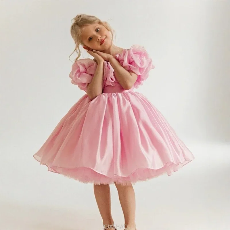 New Girls Sweet Bow Dress Pink Princess Gown Outfit Birthday Party Flower Girl Wedding Skirt Summer Celebration PerformanceTutu