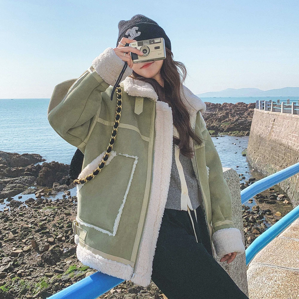 

Fur One Lambswool Jacket Women Warm Faux Fur Parka Autumn Winter 2023 New Thicken Loose Street Motor Cotton Padded Jacket B37