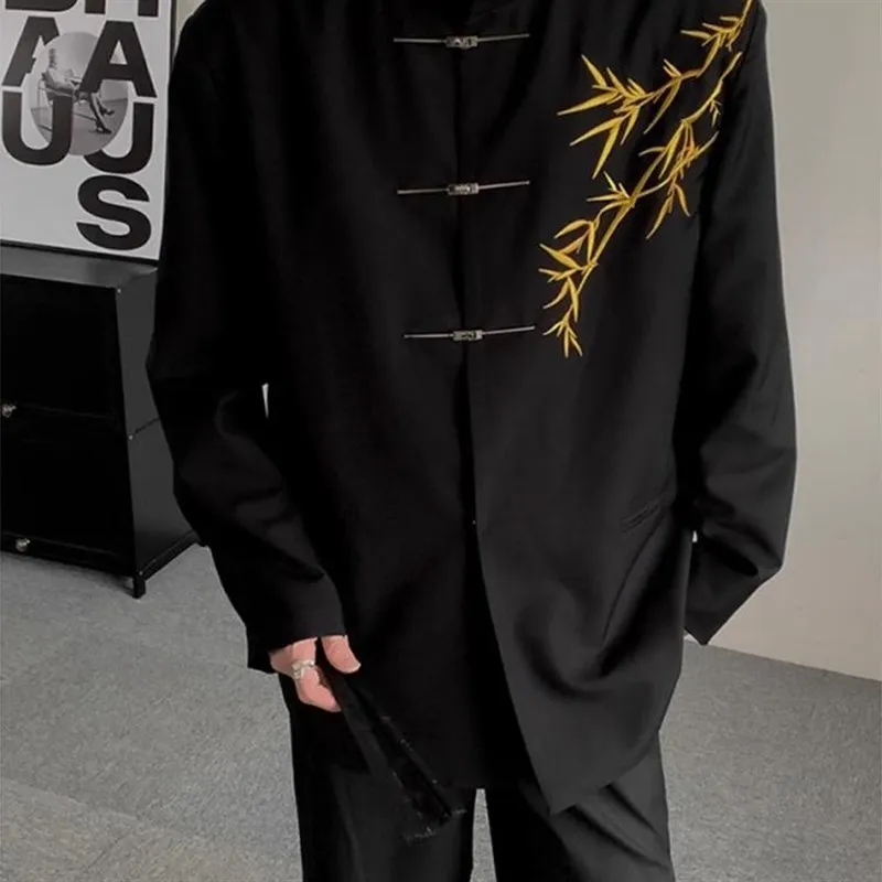 

Мужской обручальный костюм в китайском стиле, комплект золотого бамбукового цвета с вышивкой и воротником-стойкой, пальто Чонгана для мальчиков и взрослых, церемония в стиле вестерн Sle J...