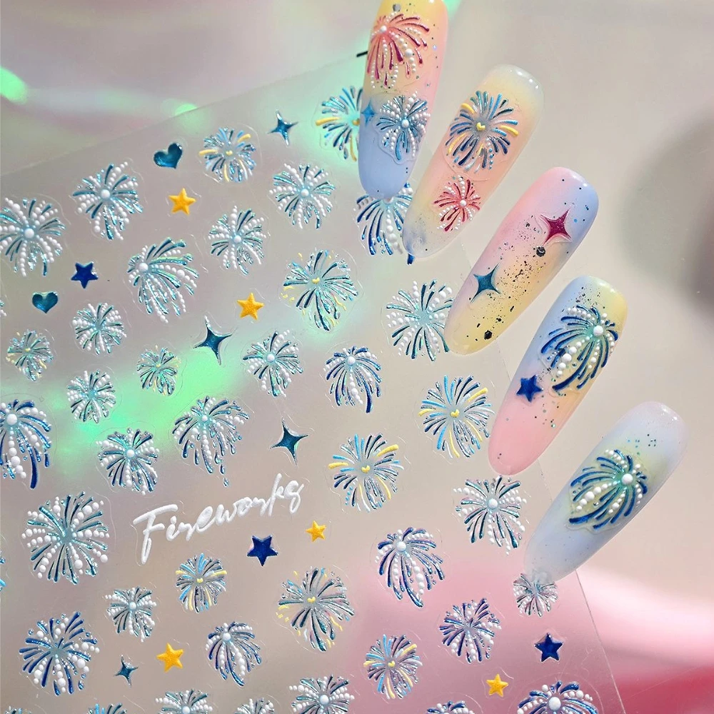Glitter Blossoming Blue Firework Stars Love Heart 3D Jelly Self Adhesive Nail Art Stickers Sparkling Colored Manicure Decals
