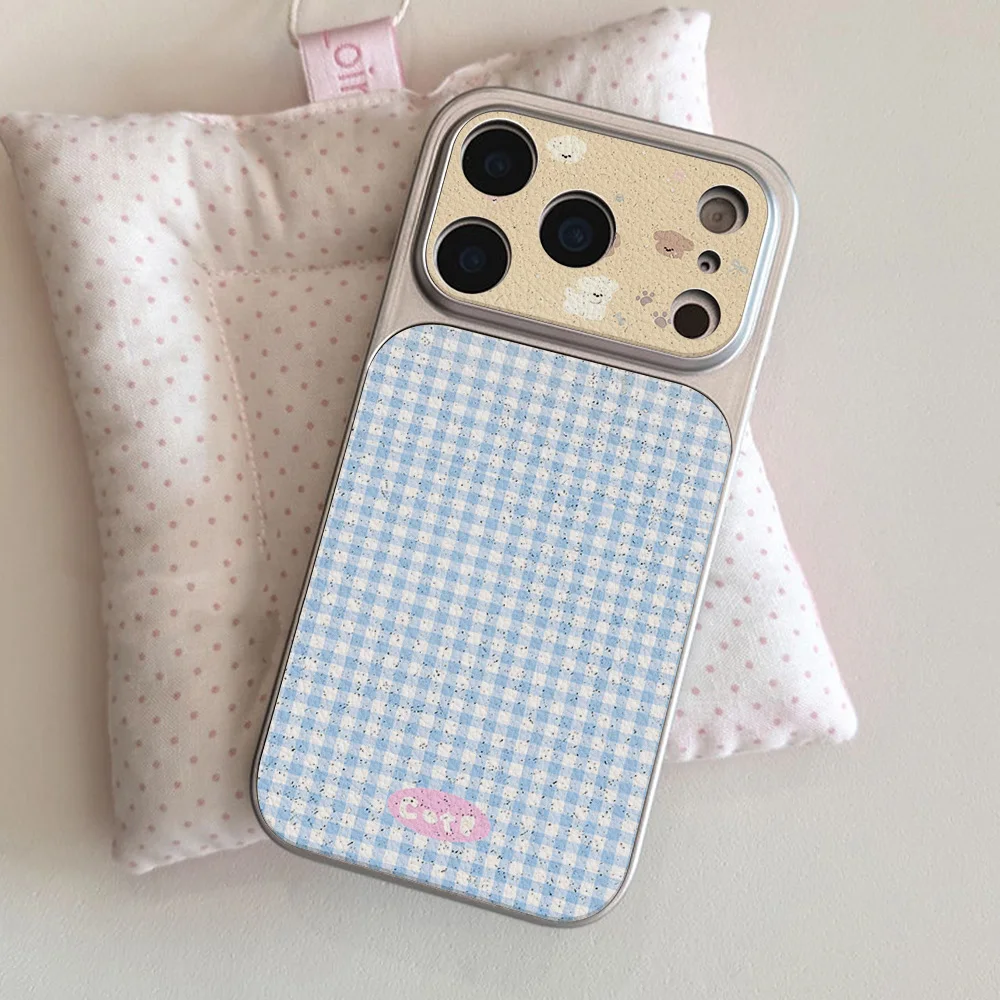 Blue And White Chequered Puppy Faux Lychee‑leather Case For iPhone 18 Pro 17 Pro Max 16 15 Pro 14 13 12 11 Cover With Lanyard view 5