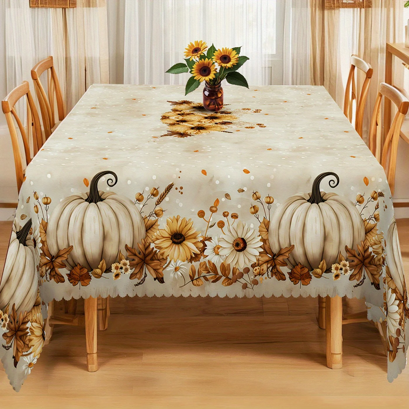 Thanksgiving tablecloth, with a vintage design featuring pumpkins, flowers and autumn leaves, depicting an autumn scene.