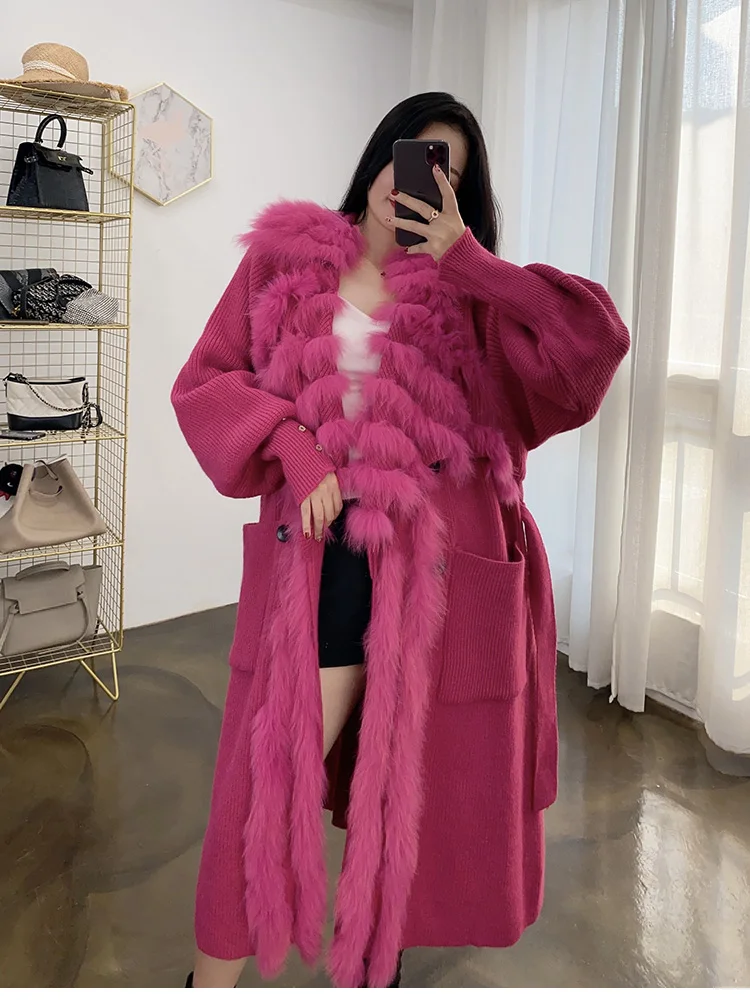 2023 New Women Special Autumn Real Fox Fur Knitting OverSize Coat Fox Fur Collar Lady's Fashion Long Sweater Length 110cm