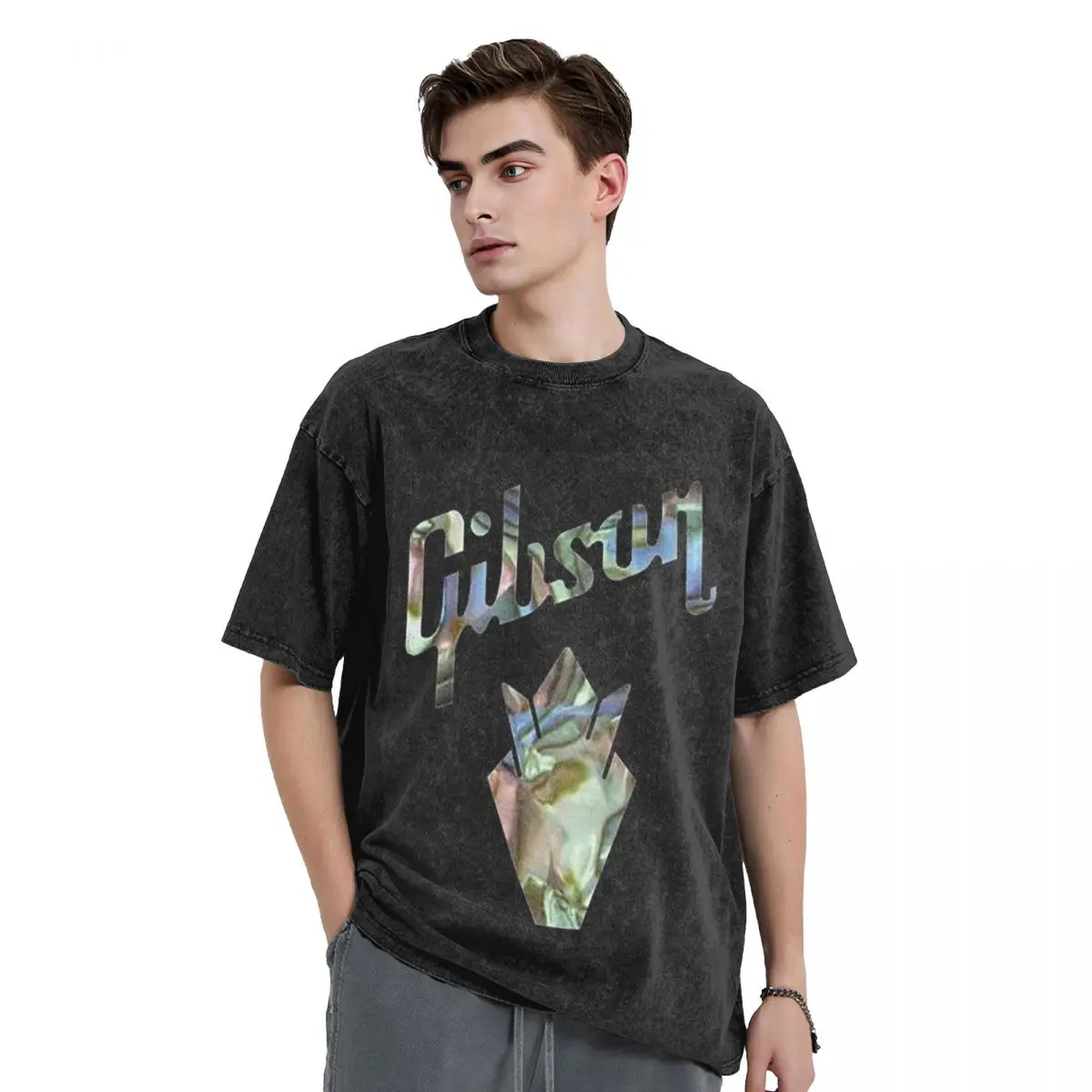 G-Gibson Music Washed T Shirts Oversized Short Sleeve Hip Hop T-Shirt Streetwear Tops Tees for Men Women