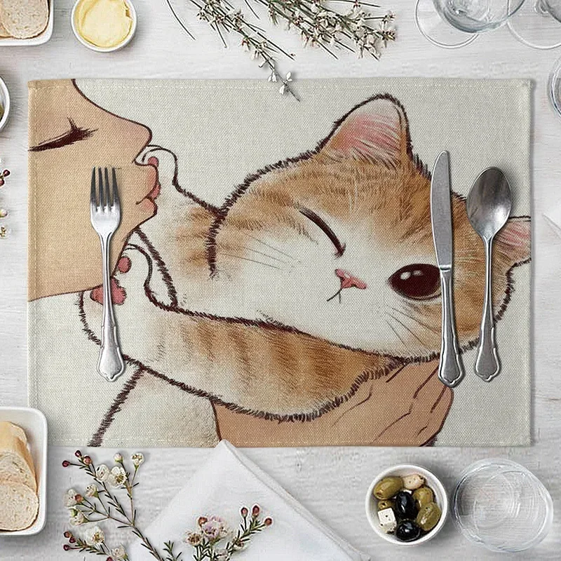 45x32cm Linen Print Table Mat Cute Cat Cartoon Animal Pattern Placemats For Children Kids Kitchen Dining Place Pads