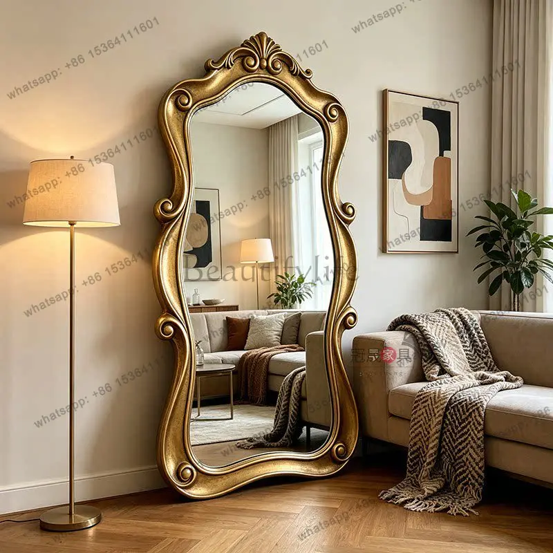 American retro carved irregular special-shaped wall-mounted full-length mirror bedroom European floor-to-ceiling fitting mirror