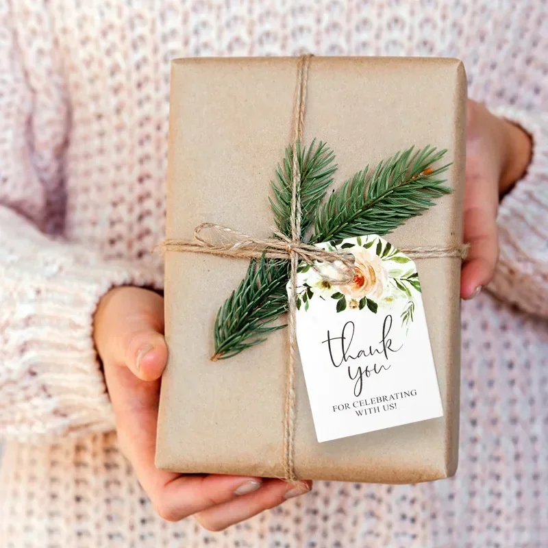 50pcs Kawaii Floral Label Tags Kawaii THANK YOU Gift Wrapping Cards DIY Hanging Labels Wedding Happy New Year Gift Packaging