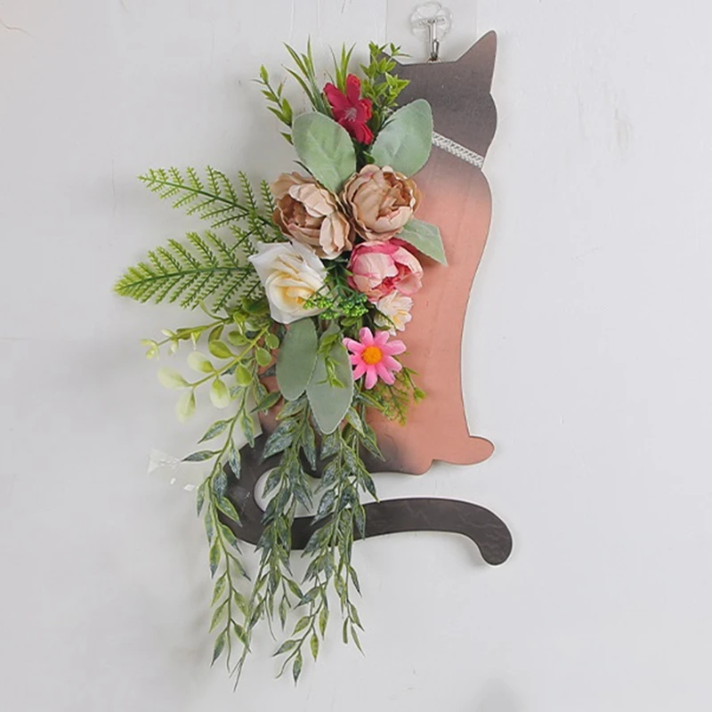 Spring Cats Wreaths For Front Door, Artificial Spring Summer Cats Door Wreaths With Green Leaf, Farmhouse Wreath Durable